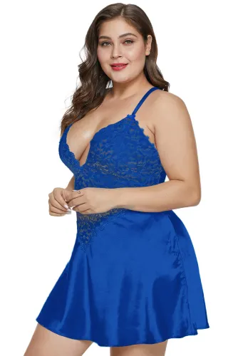 Blue Plus Size Satin and Lace Chemise Set