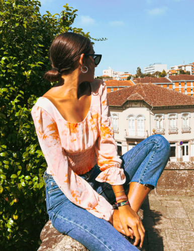 Orange Shirred Long Sleeve Crop Top