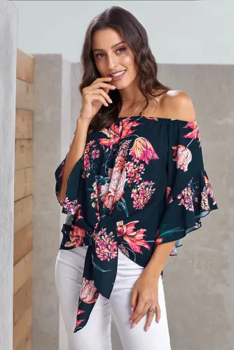 Blue Off Shoulder Floral Tie Front High Low Chiffon Blouse