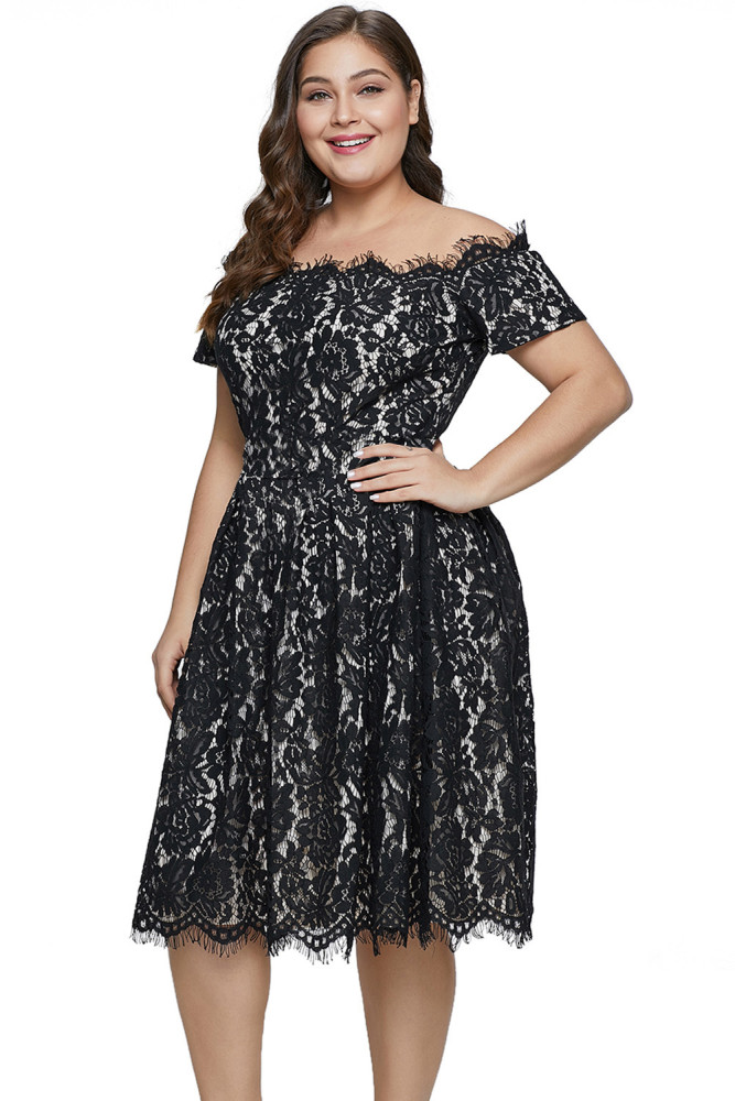 Black Short Sleeve Off-shoulder Lace Plus Size Dress