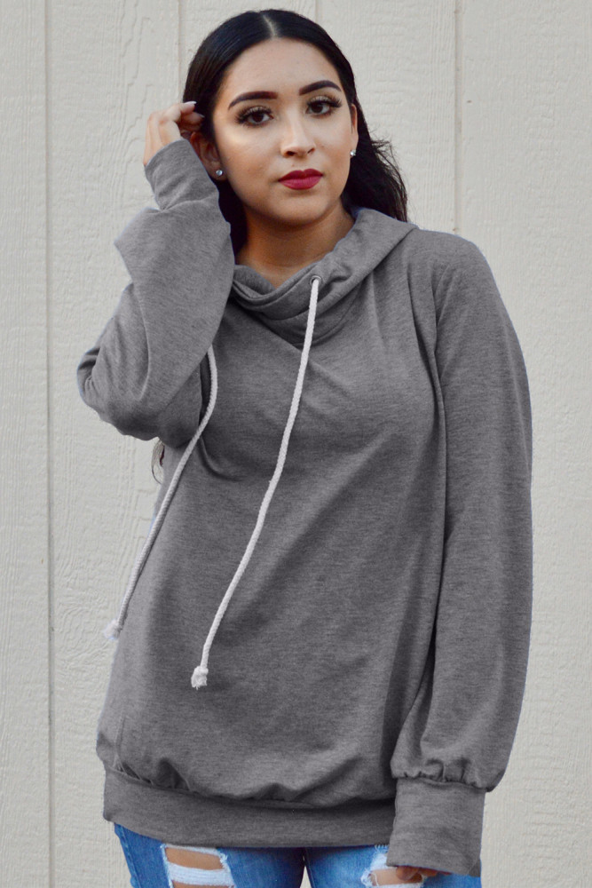 Gray Long Sleeve Hoodie with Rope Drawstring