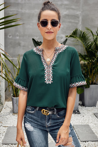 Green Boho Floral V Neck Casual Top