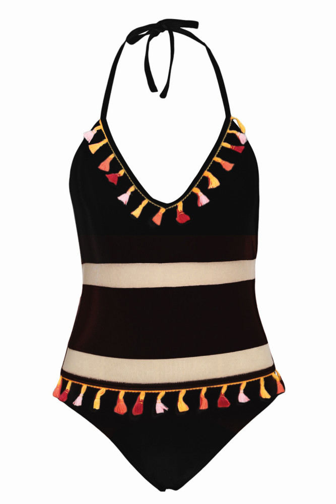 Black Mesh Patchwork One-piece Swimsuit