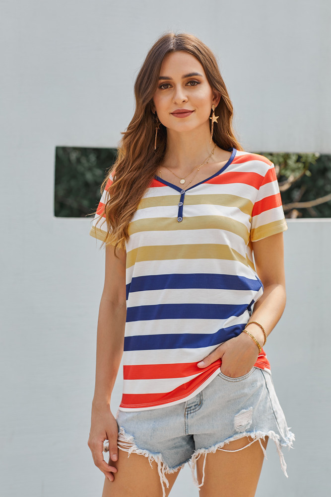 Yellow Striped Henley T Shirt