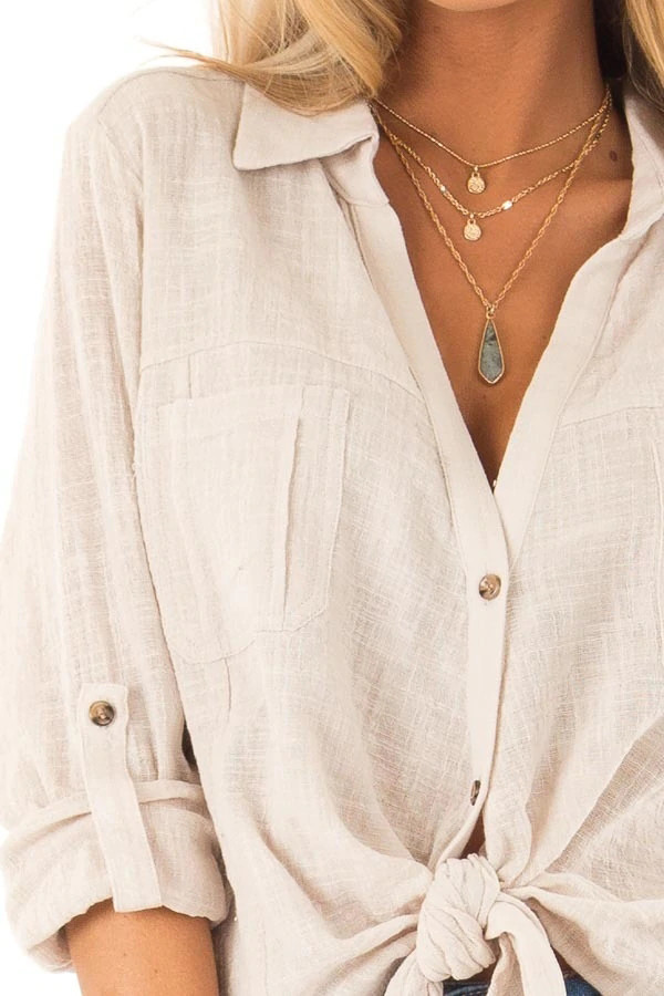 Beige Button up Front Tie Top