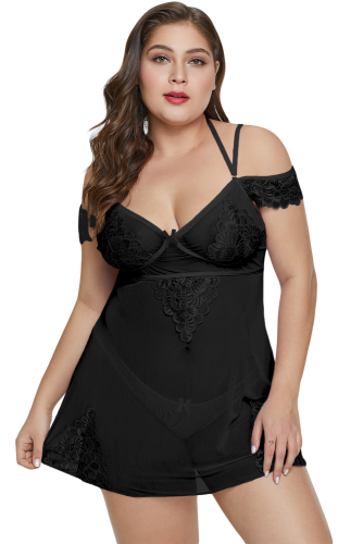 Black Plus Size Floral Lace Applique Mesh Babydoll