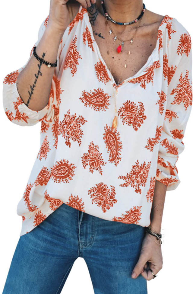 Orange 3/4 Sleeve Print V Neck Loose Casual Blouses Top