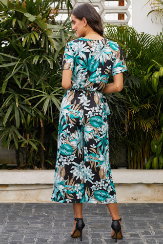 Green Wrap V Neck Floral Wide Leg Jumpsuit with Belt