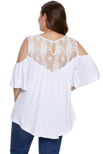 White Plus Size Crochet Yoke Cold Shoulder Top