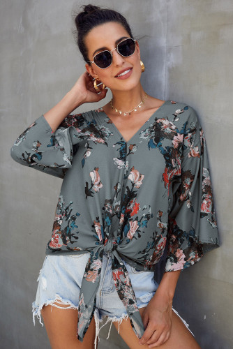 Green Floral Printed Deep V Neck Tie Front Blouse