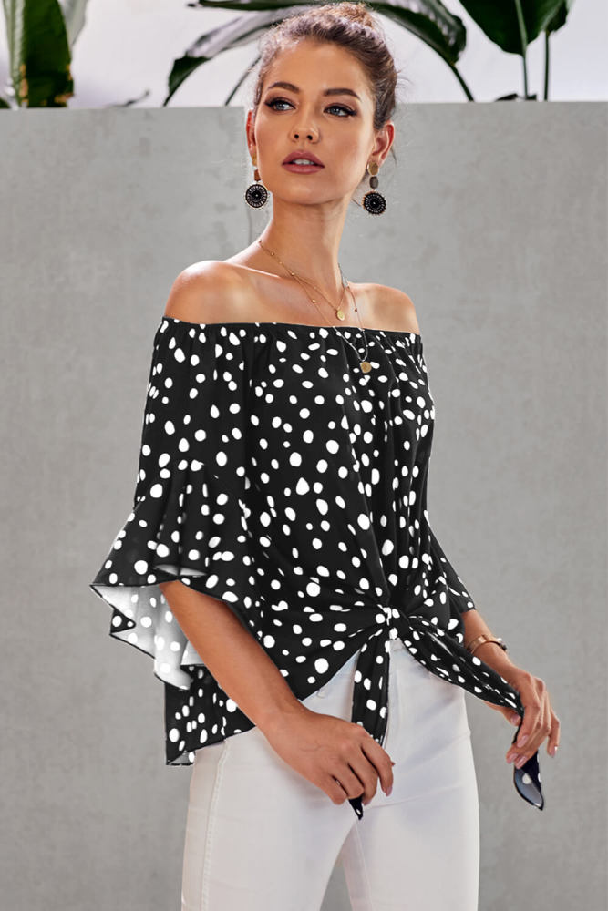 Black Polka Dot 3/4 Bell Sleeve Off Shoulder Front Tie Knot Top