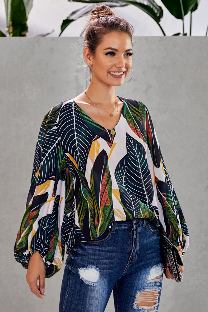 Green Boho Print Balloon Sleeve Blouse