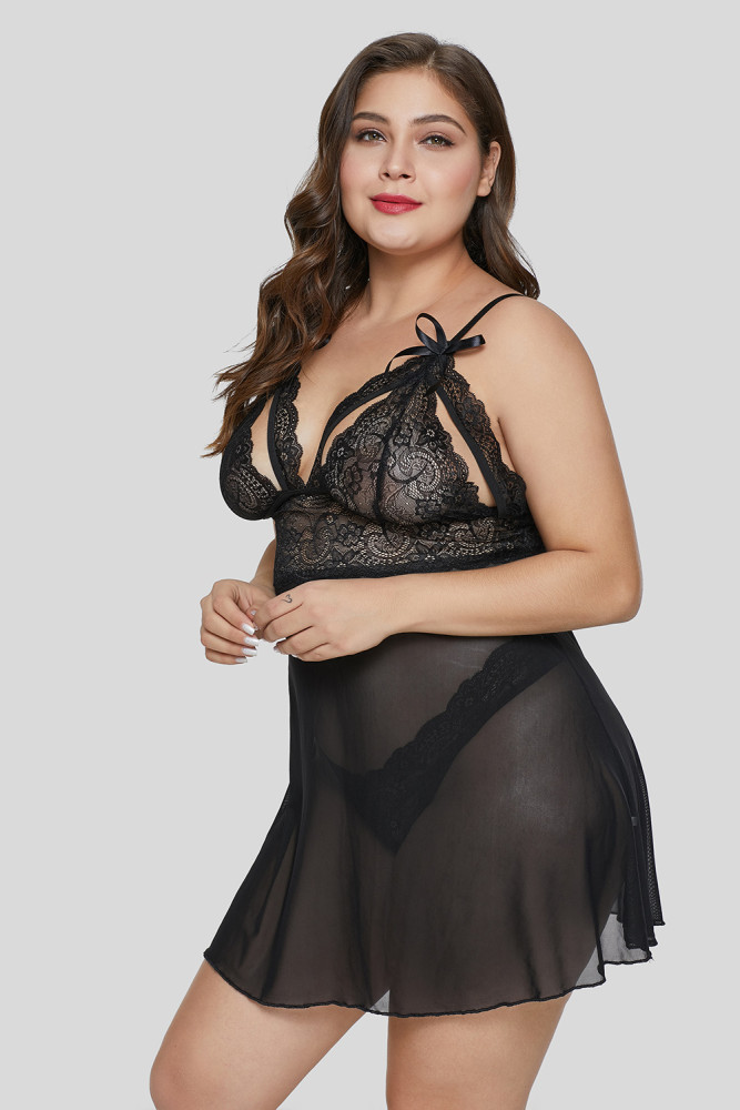 Plus Size Peek-A-Boo Babydoll & Thong Set