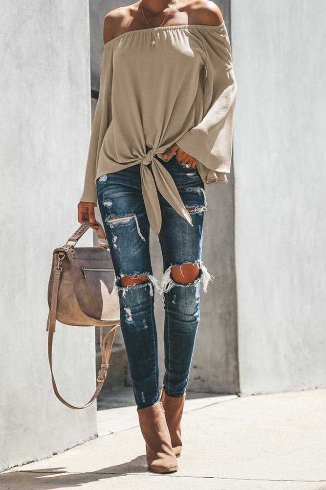 Apricot Off The Shoulder Bell Sleeve Tie Blouse