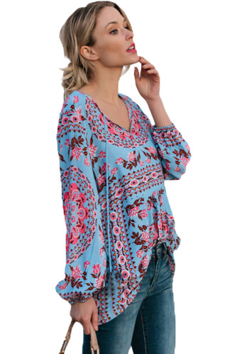 Sky Blue Floral Print Peasant Blouse