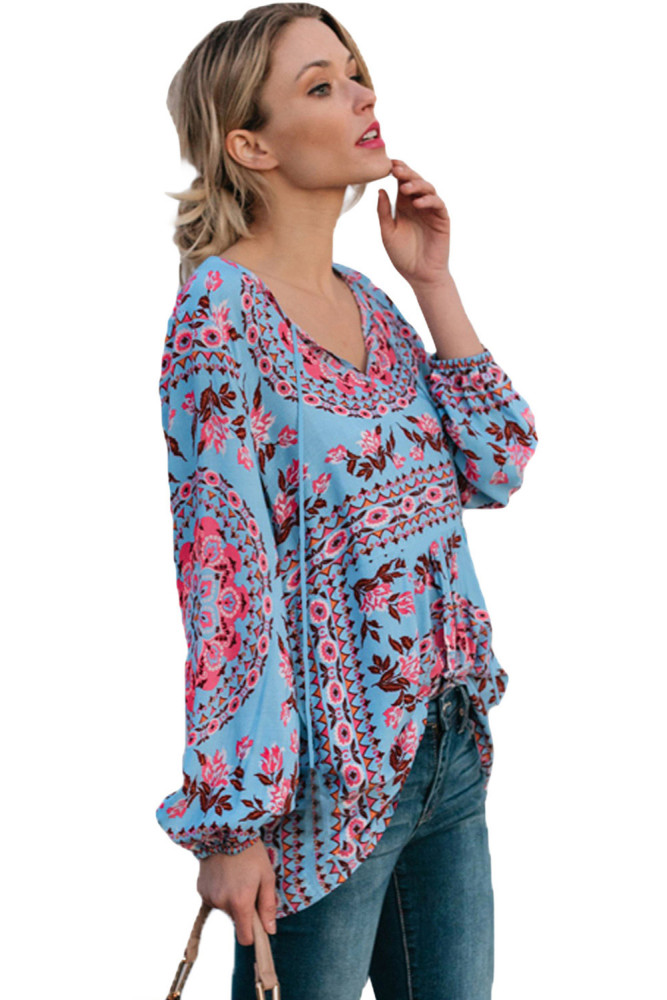 Sky Blue Floral Print Peasant Blouse