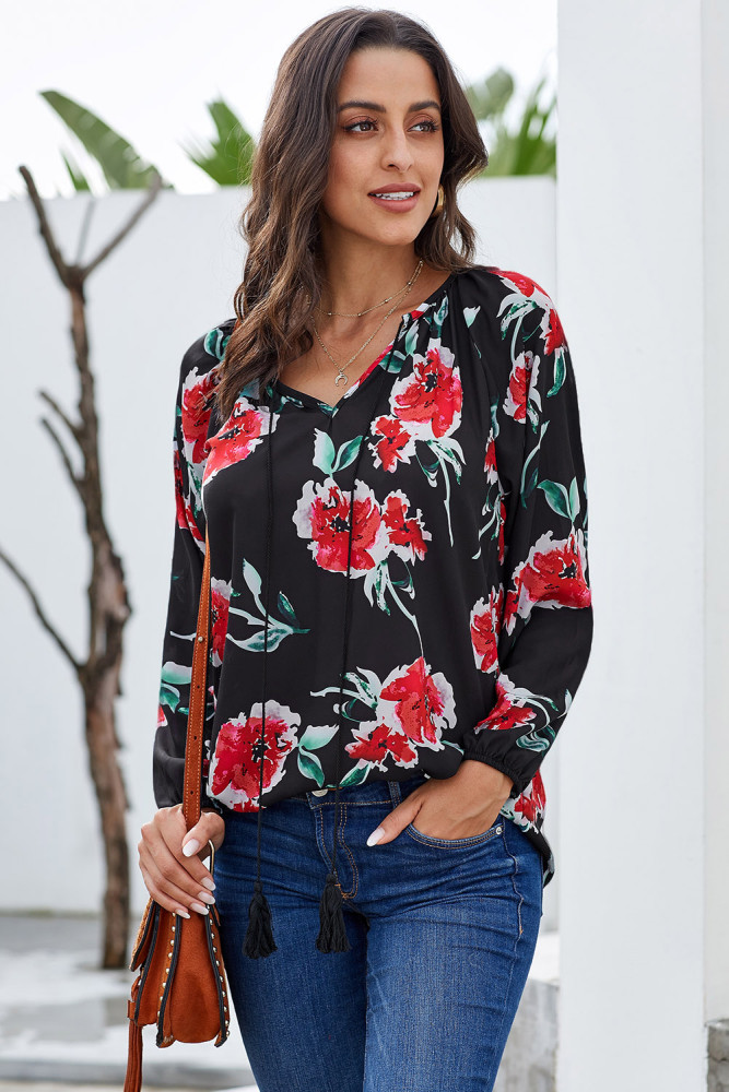 Black Floral Print Peasant Blouse