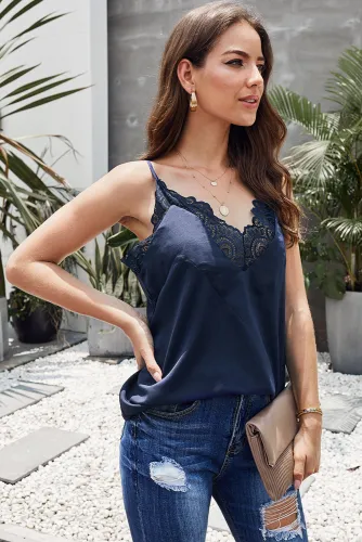 Blue V Neck Lace Scalloped Trim Vest