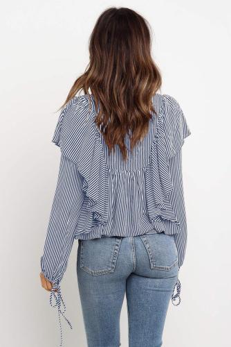 Sky Blue Button Ruffle&Tie Striped Shirt