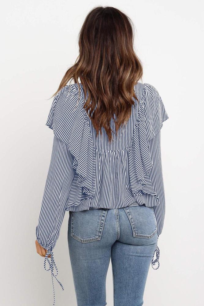 Sky Blue Button Ruffle&Tie Striped Shirt