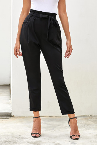 Black Pocketed Paper Bag Waist Pants