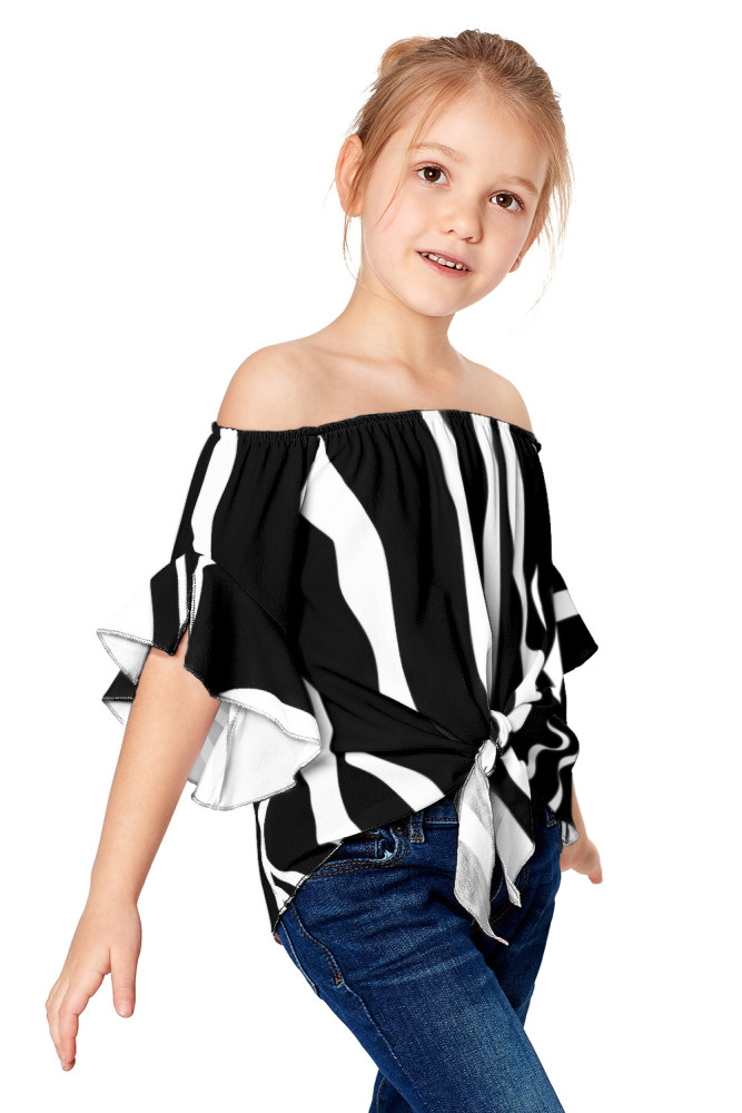 Black Off The Shoulder Vertical Stripes Toddlers Blouse