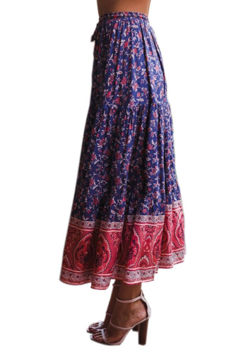 Blue Elastic Waist Floral Maxi Skirt
