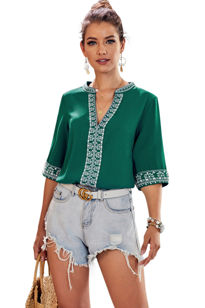 Green Chic Boho V Neckline Half Sleeve Blouse