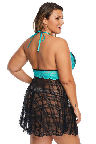Green Sexy Lace Backless Halter Plus Size Babydoll
