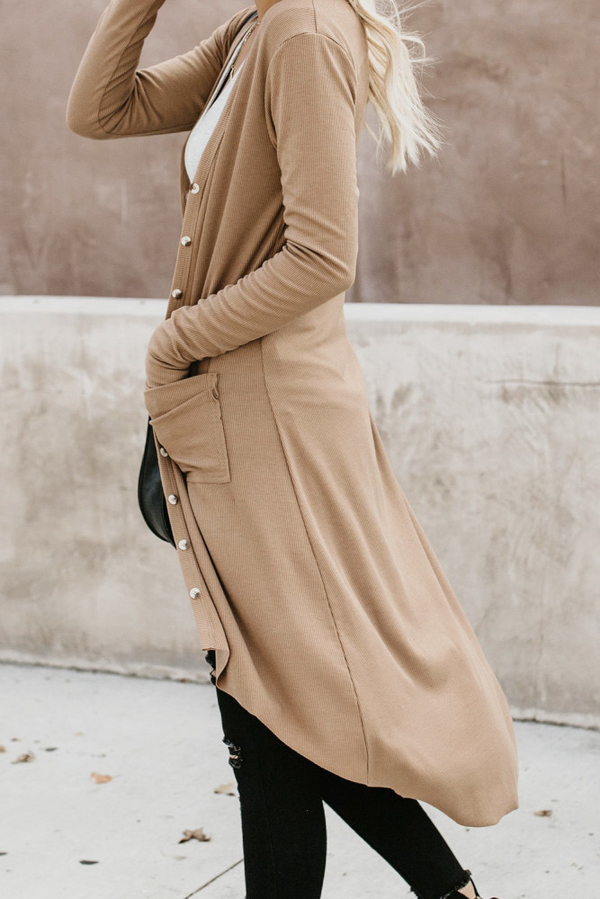 Khaki Selected Button Down Pocketed High Low Cardigan