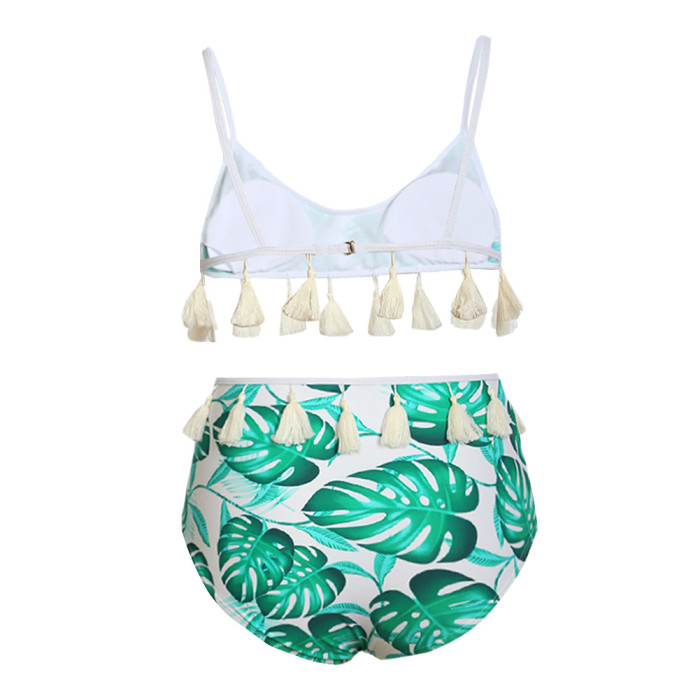 White Tropical Print Tassel High Waist Bikini