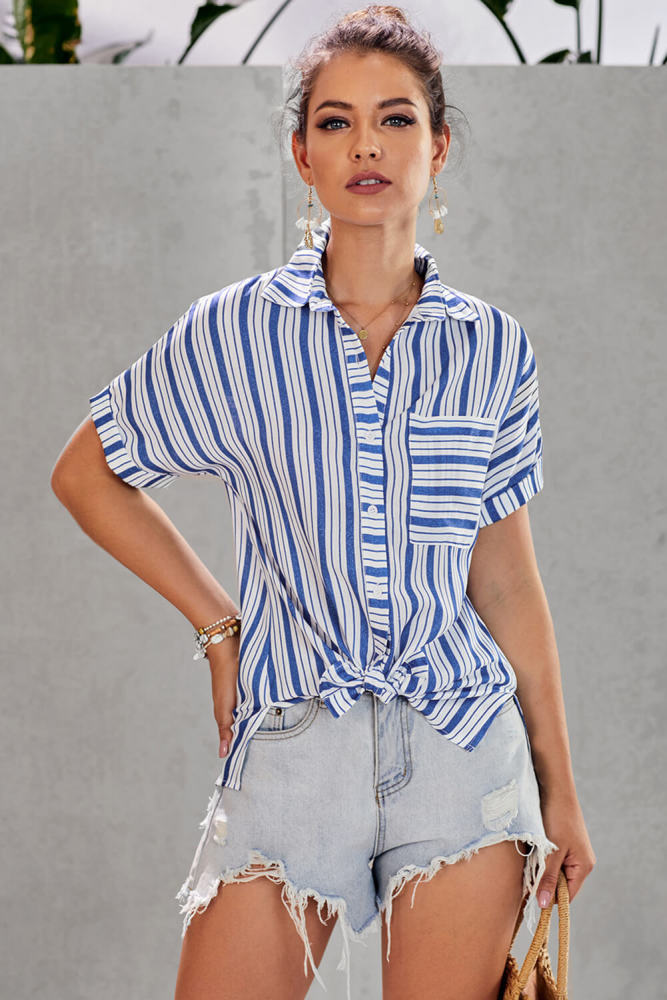 Blue Stripe Casual Collar Short Sleeve Shirt