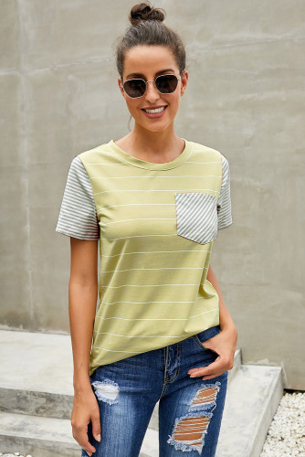 Yellow Striped Short Sleeve Contrast Color T-Shirt with Pocket
