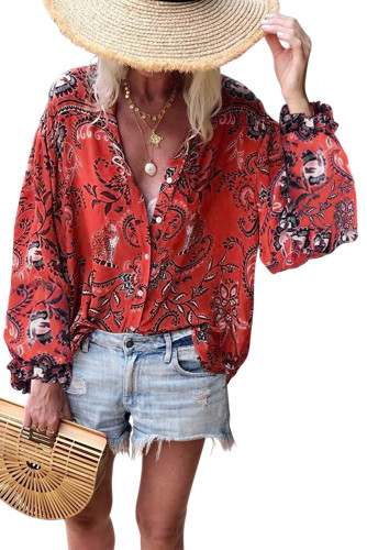 Red Boho Button Down V Neck Floral Print Shirt