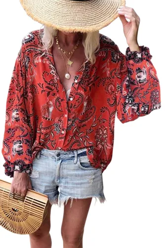 Red Boho Button Down V Neck Floral Print Shirt