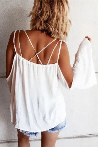 White Flare Sleeve Spaghetti Strap Cold Shoulder Ruffled Blouse