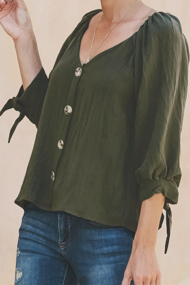 Green Button Down V Neck Sleeve Tie Shirt