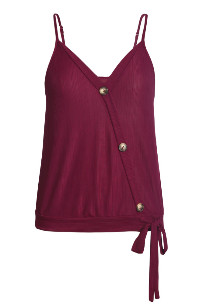 Red Surplice V Neckline Tank Top with Buttons