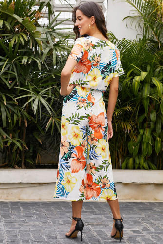 White Wrap V Neck Floral Wide Leg Jumpsuit with Belt