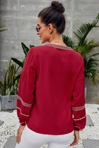 Red V Neck Bohemian Printed Lantern Sleeve Blouse