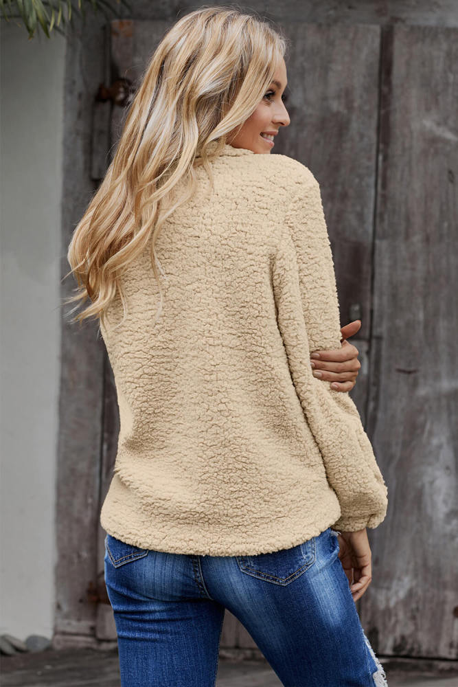 Khaki Sherpa Button Up Long Sleeve Jacket