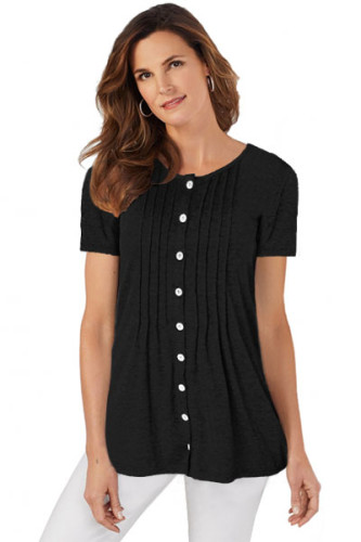 Black Button Up Crinkle Chest T Shirt