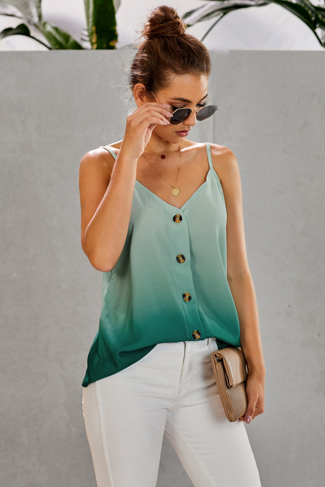Green Ombre Button Down V Neck Strappy Tank Top