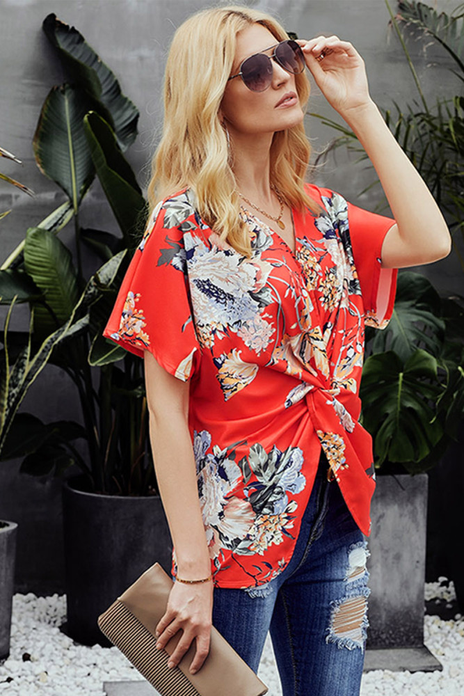 Orange Amaryllis Floral Twist Top
