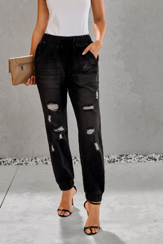 Black Distress Drawstring Pocketed Joggers