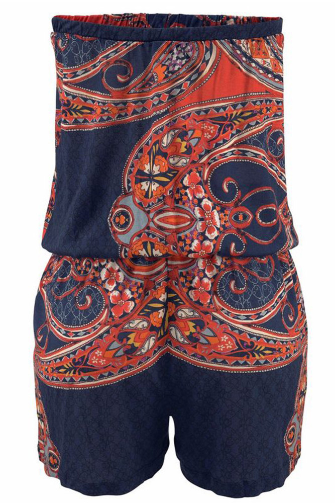 Blue Strapless Floral Print Romper Overall