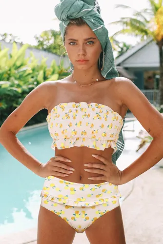 White Floral Print Crop Top Bikini Set