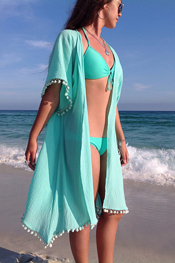 Sky Blue Pom Pom Kimono Beach Cover up