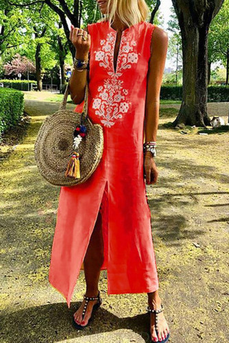 Orange Sleeveless Casual Slit Geometric Summer Dress