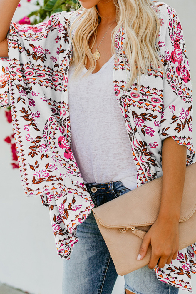 White Floral Kimono Cardigan Open Front Cover Up